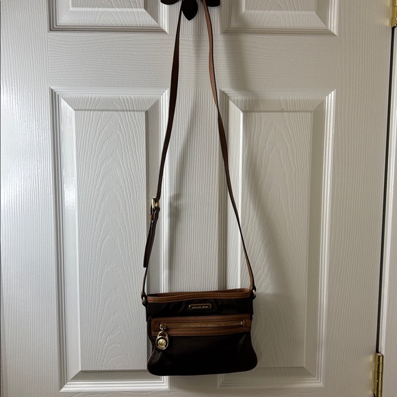 Michael Kors Two Tone Brown Crossbody Bag with Leather and Brass Accents Small - Picture 1 of 15